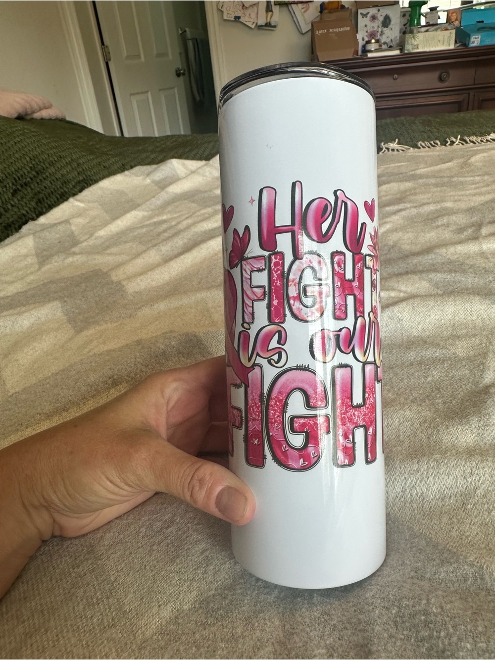 Her Fight Is Our Fight Pink White Stainless  Breast Cancer Support Tumbler